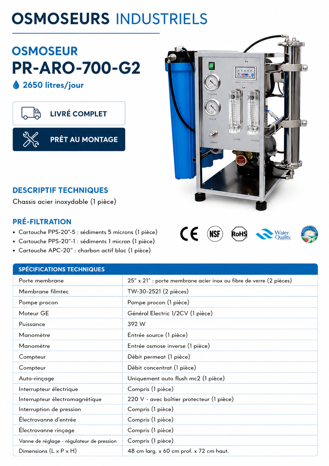 Osmoseur Industriel Aquapro PR-ARO-700G-2 — 700 GPD, 2650 LitresJour